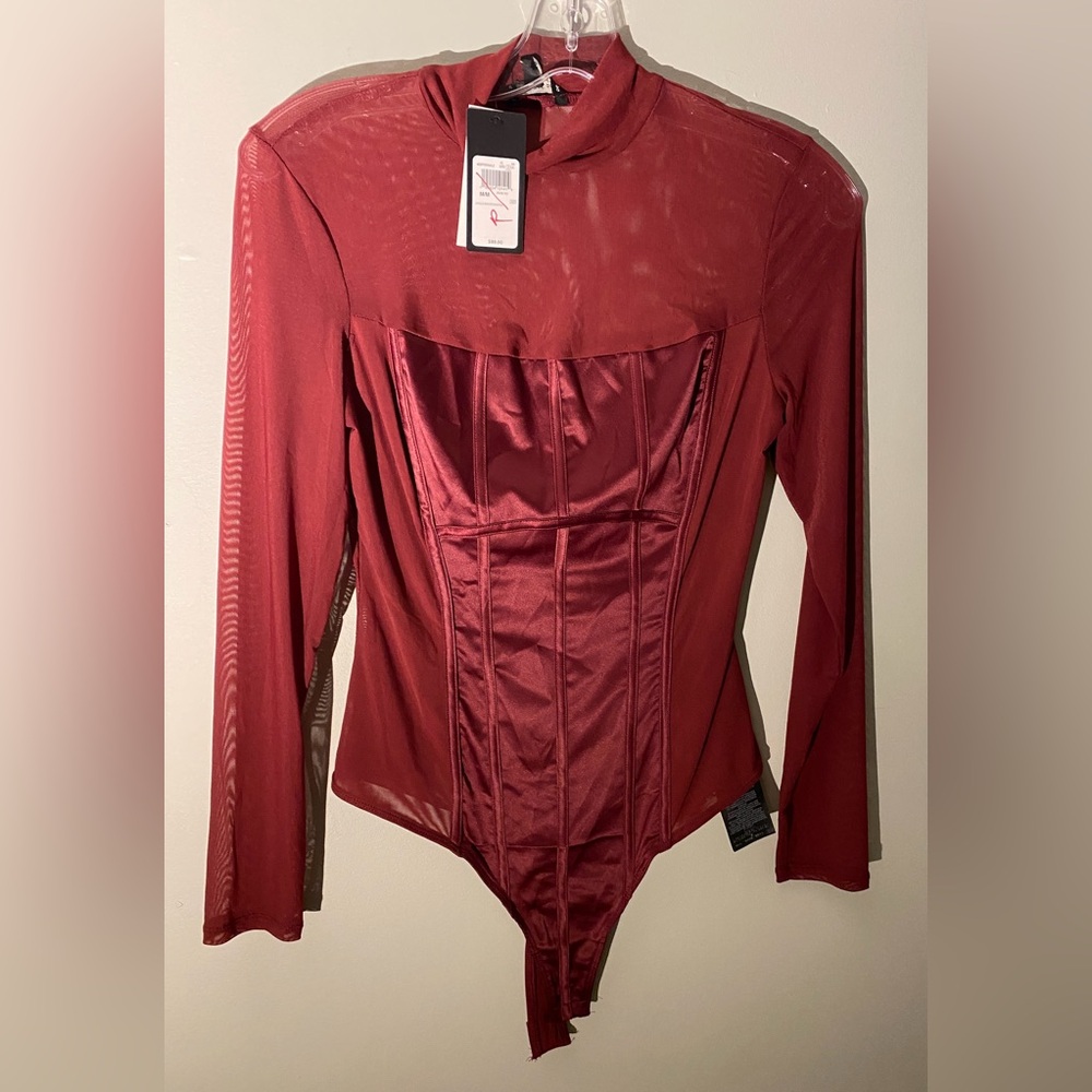 GUESS- Longsleeve Elle Bustier Bodysuit in Maroon